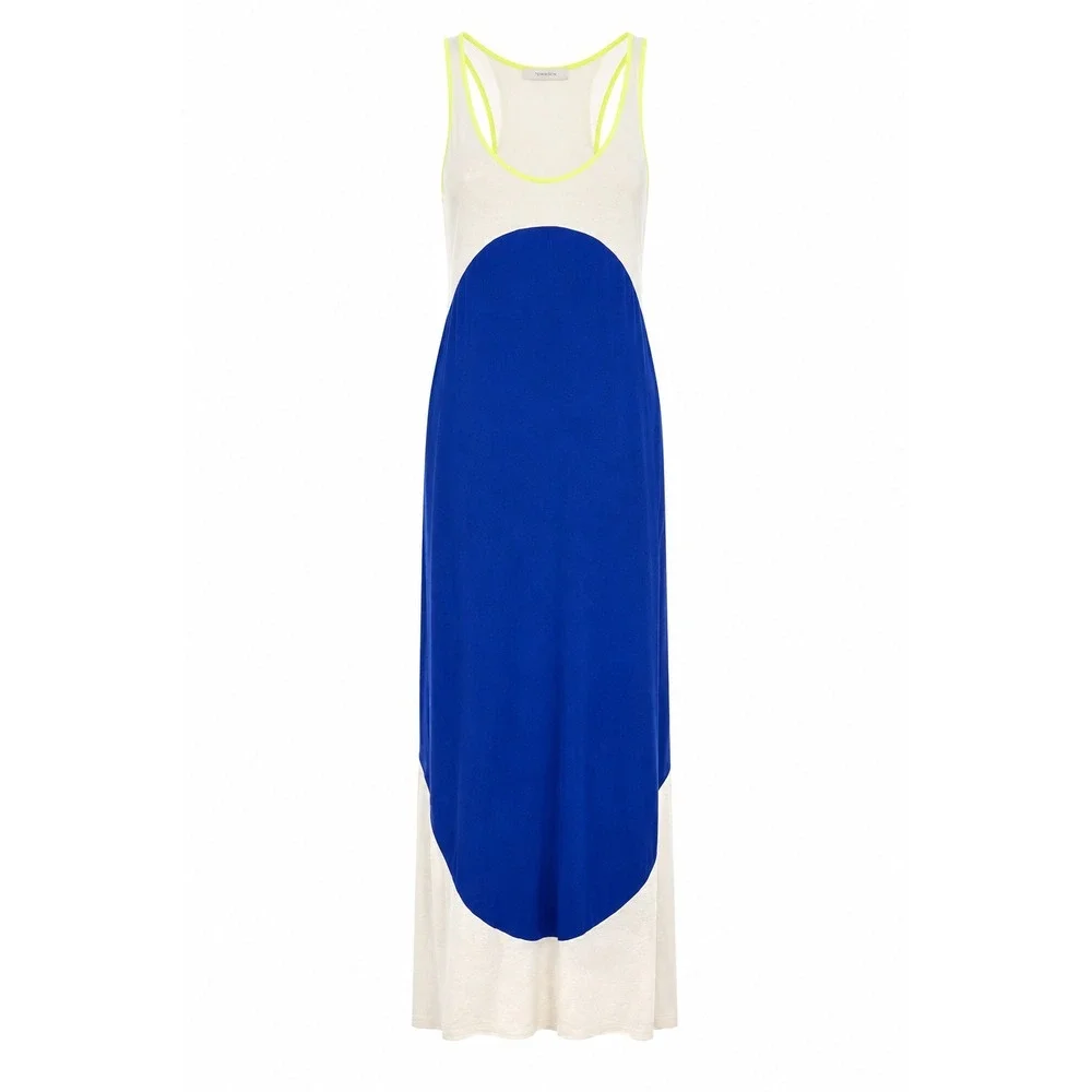 Townsen Womens Colorblock Maxi Dress Blue White Neon Yellow Racerback Large - Picture 2 of 9
